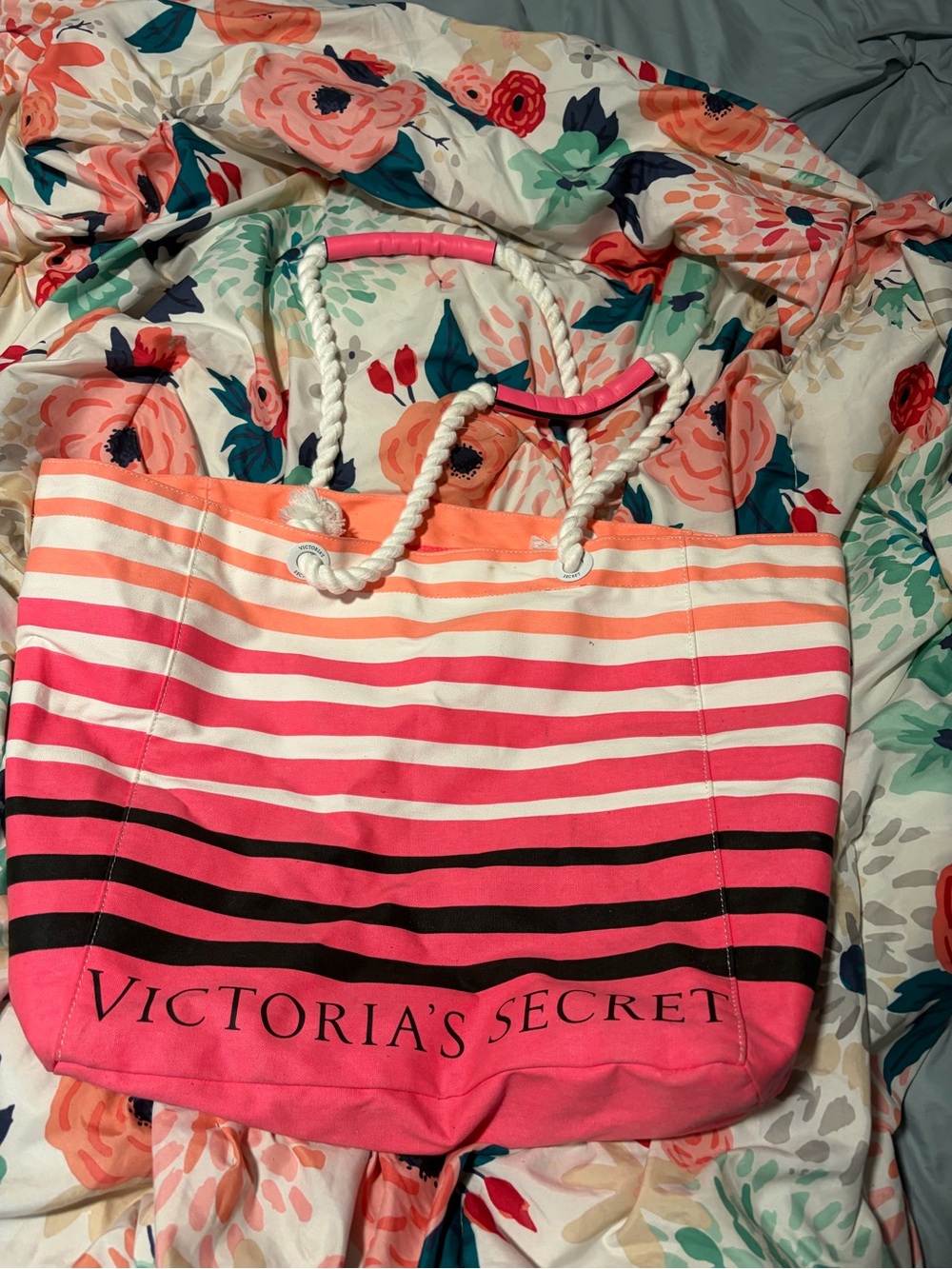 Victoria's Secret Pink, Coral & Black Striped Rope Tote
